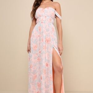 Lulus Exceptional Sweetness Peach Floral Off-the-shoulder Maxi Dress Pink